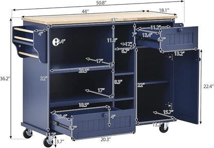 Kitchen Island Cart with Storage Cabinet and Two Locking Wheels, Microwave Cabinet, Solid Wood Desktop, Floor Standing Buffet Server Sideboard for Kitchen Room, Dining Room, Bathroom (Dark blue-JZP1)
