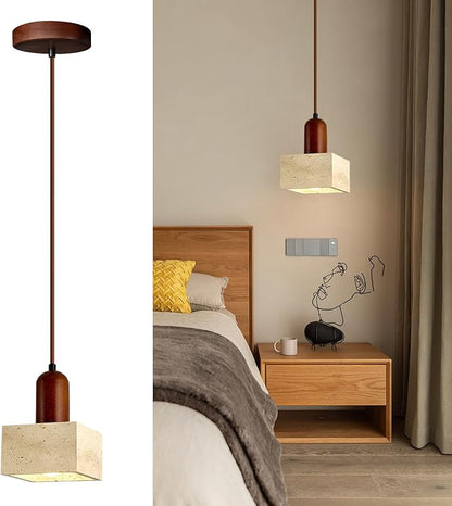 Japanese Wabi sabi Pendant Light with Natural Stone Shade, Dimmable Modern Wood Hanging Lamp Fixture, Adjustable Height Pendant Lamp for Bedroom, Kitchen Island, Dining Room, Restaurant, Cafe, Bar (K)