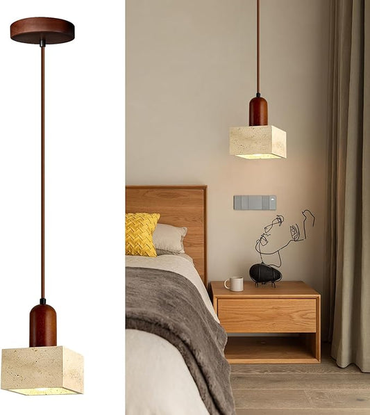 Japanese Wabi sabi Pendant Light with Natural Stone Shade, Dimmable Modern Wood Hanging Lamp Fixture, Adjustable Height Pendant Lamp for Bedroom, Kitchen Island, Dining Room, Restaurant, Cafe, Bar (K)