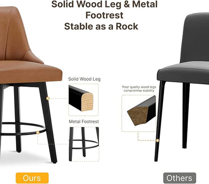 24" Counter Height Bar Stools Set of 4, Swivel Bar Stools with Backs, Faux Leather Upholstered Counter Barstools with Solid Wood Legs for Kitchen Island,Brown