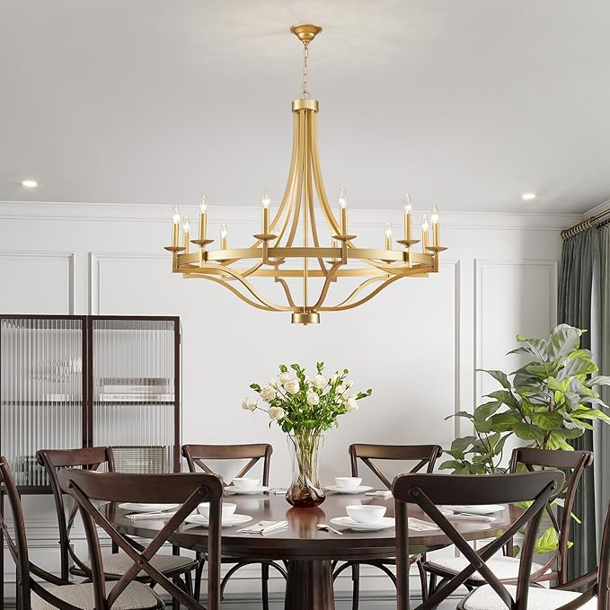 WUZUPS 12-Light Wagon Wheel Metal Candle Chandelier Round Pendant Ceiling Lighting Rustic Farmhouse Fixture Kitchen Island Dining Room, H 39.4" W10, E12 Base, Gold