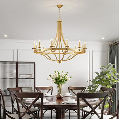 WUZUPS 12-Light Wagon Wheel Metal Candle Chandelier Round Pendant Ceiling Lighting Rustic Farmhouse Fixture Kitchen Island Dining Room, H 39.4" W10, E12 Base, Gold