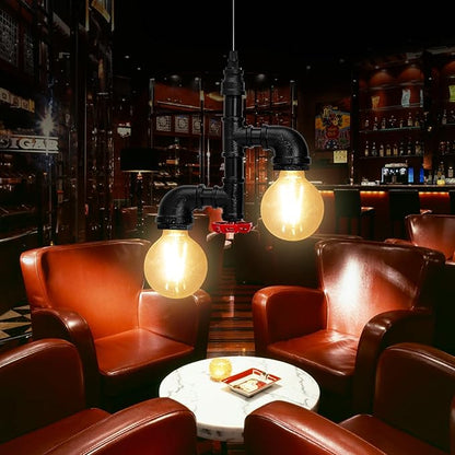 Kawell Vintage Pendant Light Fixtures Industrial Retro Ceiling Chandelier Creative Water Pipe Hanging Light Fixtures Art Deco Iron E26 60W Max for Bedroom Cafe Bar Restaurant Kitchen, Black Color