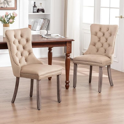 Eifizek Velvet Dining Chairs Set of 6, Upholstered Dining Room Chairs with Nailhead Ring Pull Trim, Button Tufted Wing Back Chairs for Dining with Solid Wood Legs for Kitchen Dining Room(Khaki)