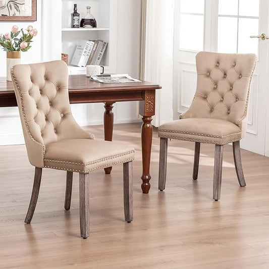 Eifizek Velvet Dining Chairs Set of 6, Upholstered Dining Room Chairs with Nailhead Ring Pull Trim, Button Tufted Wing Back Chairs for Dining with Solid Wood Legs for Kitchen Dining Room(Khaki)