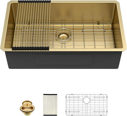 Sarlai 32 Inch Gold Undermount Kitchen Sink - 32 x 19 Inch Kitchen Sink Undermount Gold Stainless Steel Single Bowl Under-Mount 16 Gauge Sinks Under Counter Round Corner Basin