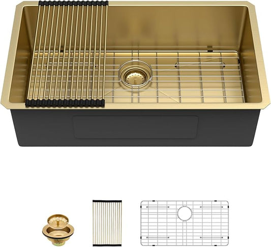 Sarlai 32 Inch Gold Undermount Kitchen Sink - 32 x 19 Inch Kitchen Sink Undermount Gold Stainless Steel Single Bowl Under-Mount 16 Gauge Sinks Under Counter Round Corner Basin