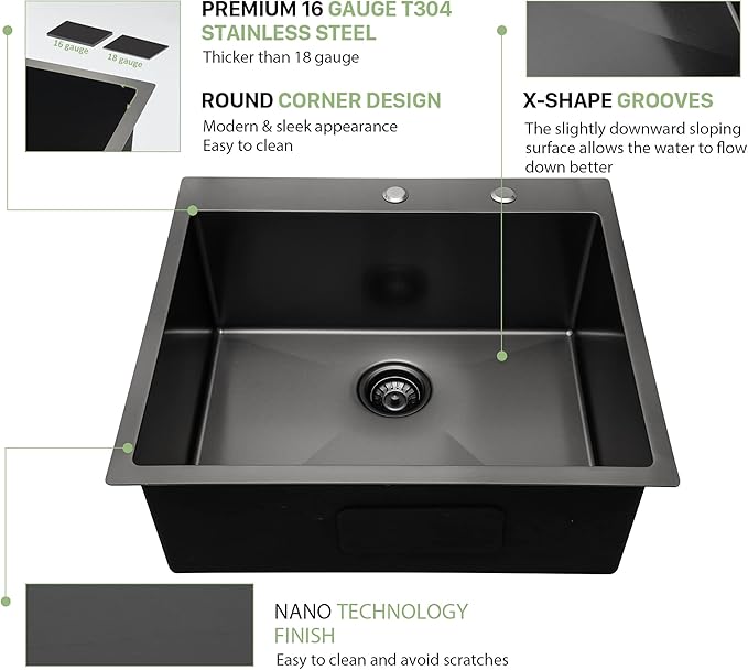 25 Black Drop In Kitchen Sink - Beslend 25”x22”x10” Stainless Steel Gunmetal Black Topmount 16 Gauge 10 Inch Deep Single Bowl Kitchen Sink