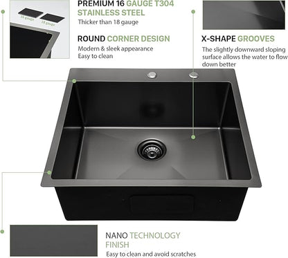 25 Black Drop In Kitchen Sink - Beslend 25”x22”x10” Stainless Steel Gunmetal Black Topmount 16 Gauge 10 Inch Deep Single Bowl Kitchen Sink