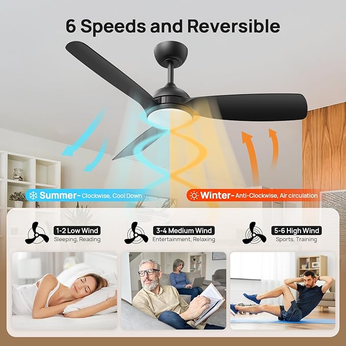 Consciot Ceiling Fan With Lights Remote Control, 44 Inch Modern Ceiling Fan, Downrod Mount, Reversible Quiet DC Motor, 6 Speed, 3 Color and Dimmable, Black Ceiling Fan For Indoor and Covered Outdoor