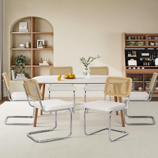 Velvet Upholstered Dining Chair Set of 6 Modern Breuer Designed Rattan Back Stainless Chrome Base Armless Dining Chairs for Kitchen Island, Restaurant,Apartment(White)