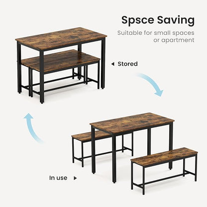 Industrial Style 3 PCS Kitchen Table Set, 43.3" L Dining Table with 2 Benches, Rustic Brown