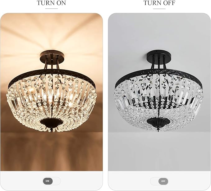 YYJLX 5-Light E12 Round Crystal Ceiling Light Fixture Modern Semi Flush Mount Chandelier Ceiling Lamp for Living Room Dining Room Entryway Hallway Foyer Bedroom Laundry Bathroom（Black）