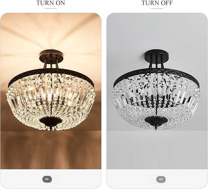 YYJLX 5-Light E12 Round Crystal Ceiling Light Fixture Modern Semi Flush Mount Chandelier Ceiling Lamp for Living Room Dining Room Entryway Hallway Foyer Bedroom Laundry Bathroom（Black）