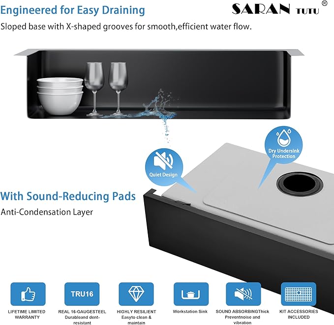 33-Inch Farmhouse Kitchen Sink, 16 Gauge Stainless Steel Farm Sink, Undermount Single Bowl, Brushed Finish, Deep Basin, Workstation Design with Accessories (Black, 33" x 22" x 10")