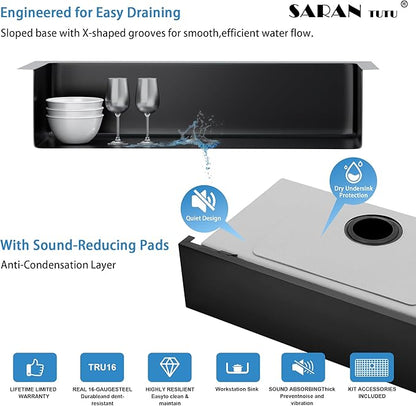 33-Inch Farmhouse Kitchen Sink, 16 Gauge Stainless Steel Farm Sink, Undermount Single Bowl, Brushed Finish, Deep Basin, Workstation Design with Accessories (Black, 33" x 22" x 10")