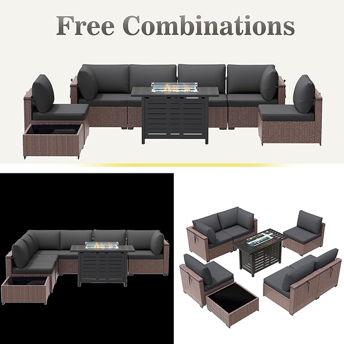 Patio Furniture Set 7 Pieces Conversation Set Wicker Outdoor Sectional Sofa,Ergonomic Armrests Couch with Cushion and Glass Table (Brown-Grey, 8 Piece-Fire Table)