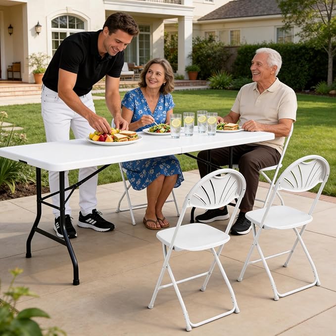 8 Pack White Plastic Folding Chairs, Outdoor Portable Folding Chair with Steel Frame, 400lbs Capacity Stackable Foldable Chairs for Patio, Garden, Picnic, Kitchen, Events