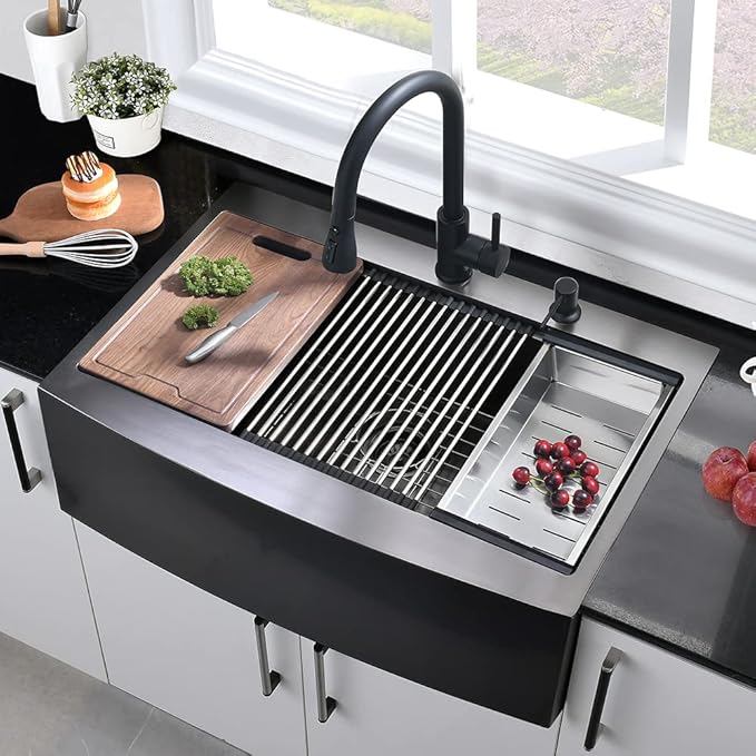 36 Inch Black Drop In Farmhouse Sink Workstation-Hovheir 36x22 Black Stainless Steel Kitchen Sink Drop In Apron Front Farm Sinks 16 Gauge Deep Single Bowl Farmhouse Kitchen Sinks Top Mount