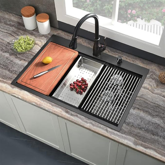 33 Inch Black Kitchen Sink Drop In, 33x22 Drop In Kitchen Sink Single Bowl Black 16 Gauge Stainless Steel Workstation Sink Deep Topmount with Offset Drain