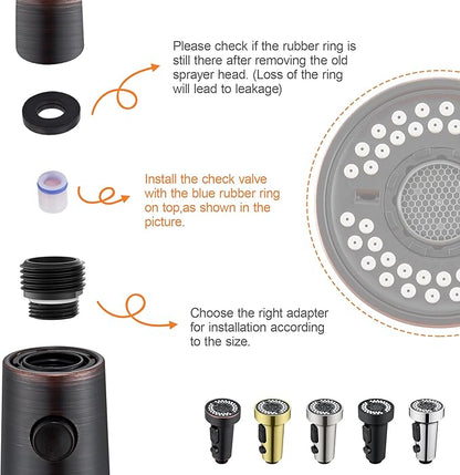 TIORIY Kitchen Faucet Head Replacement with 15 Adapters, 3 Modes Kitchen Faucet Spray Head Replacement, Pull Out Kitchen Faucet Sprayer Head Nozzle, Oil Rubbed Bronze, Plastic