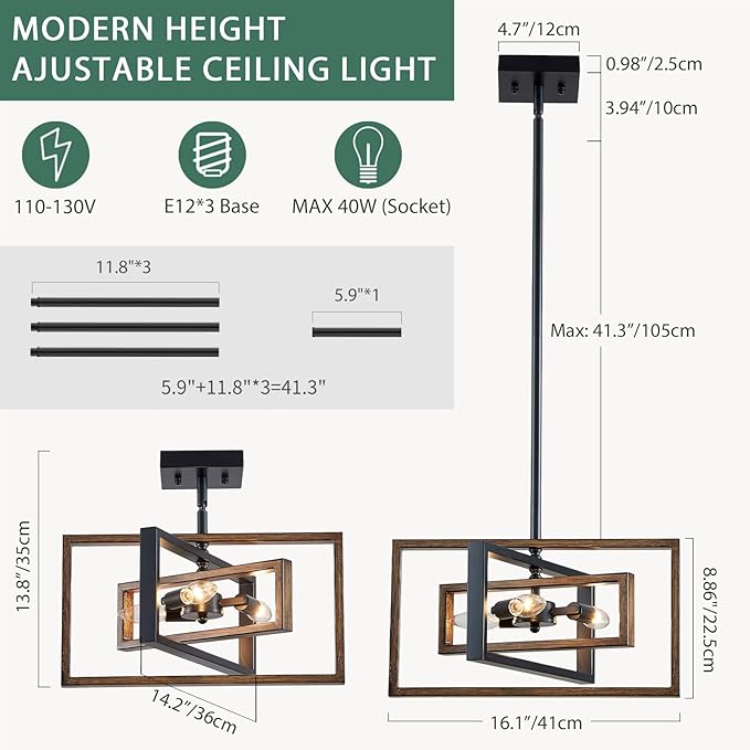 Black Chandelier, 3-Light Farmhouse Rectangular Ceiling Lighting Fixtures, 16" Faux-Wood Metal Pendant Light Height Adjustable for Foyer, Entryway, Kitchen, Dining Room