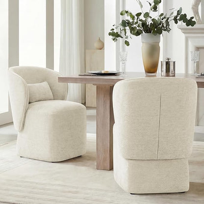 KISLOT Upholstered Dining Chairs with Wheels, Easy Assembly Stain Resistant Fabric Modern Barrel Armchair with Lumbar Cushion, Dining Room Chairs for Kitchen Living Room Bedroom, Beige, Set of 4