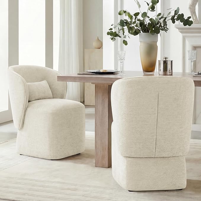 KISLOT Upholstered Dining Chairs with Wheels, Easy Assembly Stain Resistant Fabric Modern Barrel Armchair with Lumbar Cushion, Dining Room Chairs for Kitchen Living Room Bedroom, Beige, Set of 2