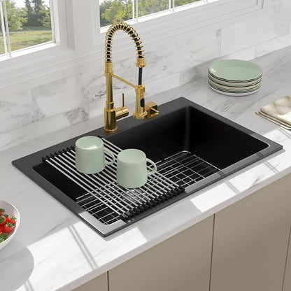 33 Granite Composite Kitchen Sink - Beslend 33x22 Inch Drop In Granite Kitchen Sink Topmount Black Quartz Sinks Classic Above Counter Single Bowl Basin
