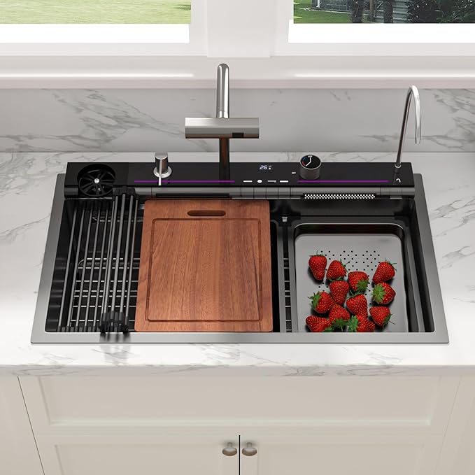 Sarlai Waterfall Kitchen Sink - 30 Inch Black Drop In Workstation Sink With Waterfall 33x19 Inch Black Stainless Steel 16 Gauge Multifunction Single Bowl Top Mount Kitchen Sinks with HoneyComb Finish