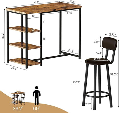 DKLGG Dining Table Set for 2, Counter Height Bar Table Set with Storage ＆ Stools, High Top Pub Table and Chairs for Kitchen, Dining Room, Sofa Side, Apartment, Breakfast Nook, Brown