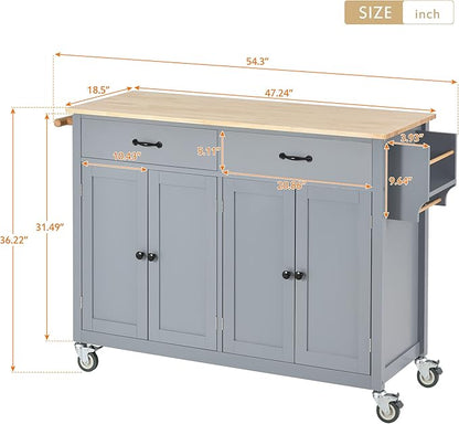 Favfurish Kitchen Island Cart on Locking Wheels with 4 Cabinet and 2 Drawers, Rolling Coffee Bar Trolley w/Solid Wood Tabletop, Adjustable Shelves, Spice & Towel Side Rack, for Dining Room, Gray