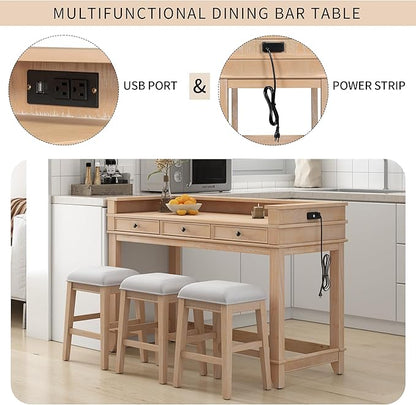 4-Piece Counter High Bar Table Set with Drawers & Charging Station,Counter Height Dining Table Set with Rectangle Table & 3 Upholstered Chairs,Retro Dinette sets for Breakfast Nook,Small Place,Natural
