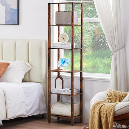 YUFAM 66in Tall Bookshelf 6-Tier Small Narrow Bookcase, Skinny Book Shelf for Small Space, Farmhouse Slim Shelf with Storage, Wood Freestanding Display Thin Bookshelves for Living Room, Office, Brown