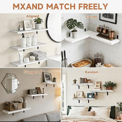 Easy Install Floating Shelves, 15.7 Inch Wall Mounted Wood Shelf,Hanging Shelf for Home Decor, Books and Storage, Small Organizer for Bedroom, Bathroom, Kitchen, Set of 3, White