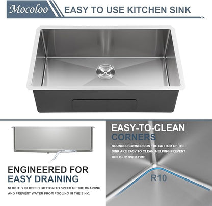28 inch Undermount Sink - Mocoloo 28x18 inch Single Bowl Kitchen Sink Stainless Steel 16 Gauge Round Corner 10 inch deep with Accessories