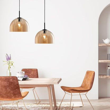 Modern Dome Pendant Lighting Fixture Kitchen Island, 11.8 Inch Large Boho Chandelier, Rustic Farmhouse Industrial Hanging Lamp Ceiling Lights with Amber Glass Bell Lampshade