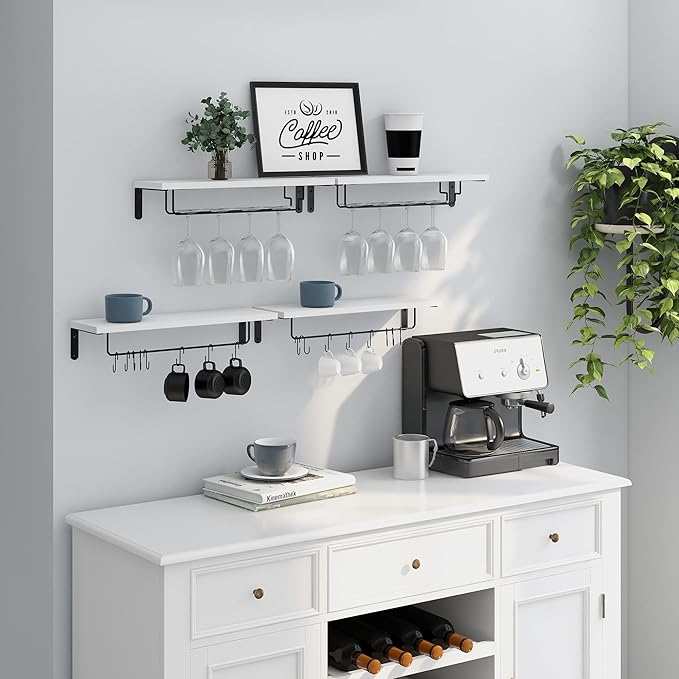 Afuly Coffee Bar Shelf, 20 Inch Wall Mounted Shelves for Mugs & Glasses, Floating Shelves with 8 Hooks, Coffee Cup Wall Holder, Set of 2