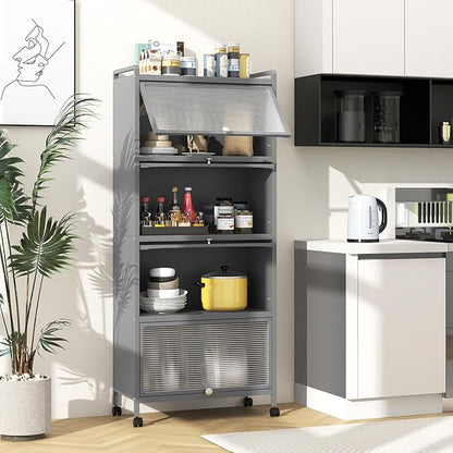 Giantex 5-Tier Kitchen Storage Cabinet, Mobile Microwave Stand with Flip-up PC Doors, Freestanding Kitchen Bakers Rack with 4 Rolling Casters, for Dining Room, Living Room and Study, Grey