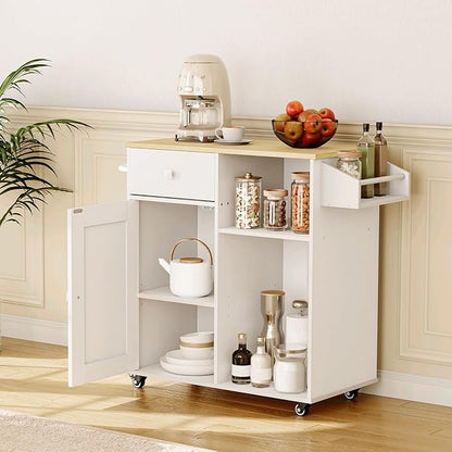 HOOBRO Kitchen Island, Storage Cabinet with Drawer, Kitchen Cart with Spice and Towel Rack, Saving Space, Easy Assembly, for Living Room, White and Natural WN12ZD01
