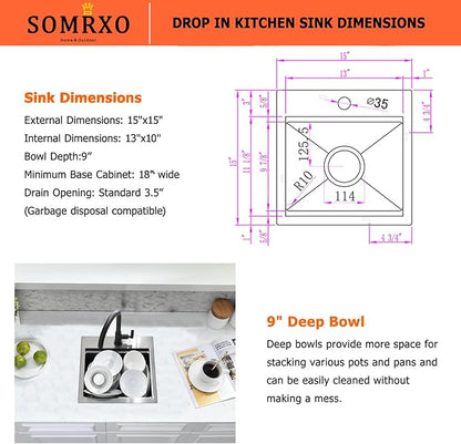 15x15 Black Bar Sink Drop In - 16 Gauge Black Stainless Steel Small Kitchen Sink, 9" Deep Single Bowl Workstation Sinks with Accessories for RV, Outdoor Kitchen & Wet Bar