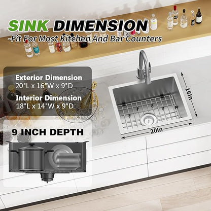 Kitchen And Bar Sink, 20x16 Inch Stainless Steel Undermount Modern Single Bowl Small Kitchen And Bar Sink Combo-SS Grid,Silicon Mat,Drain Strainer Set Compatibility With Various Kitchen&Bar Style