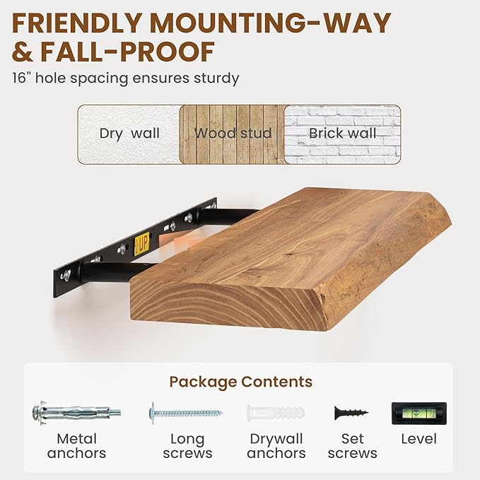30 Inch Floating Shelves for Wall, Solid Elm Wood Live Edge Floating Shelves for Bedroom Living Room Bathroom, Wall Mounted Wooden Shelf with Invisible Bracket for Books Decor Storage, Natural
