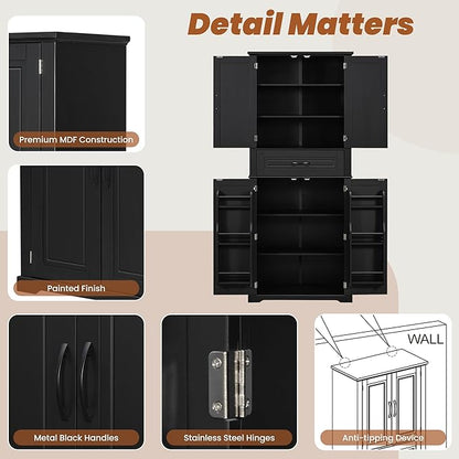 Merax 72" Tall Kitchen Pantry Storage Cabinet, Farmhouse Freestanding Large Cupboard with One Drawer, Bathroom Cabinet with Adjustable Shelves, 6 Door-Shelf for Dining Room, Black