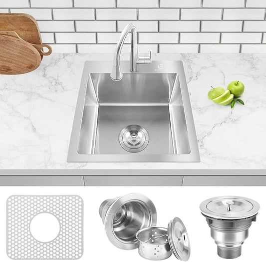 17 x 15 Inch Drop in Kitchen Sink Top mount Bar Sink 16 Gauge Stainless Steel Single Bowl Workstation with Sink Protector (Brushed Nickel)