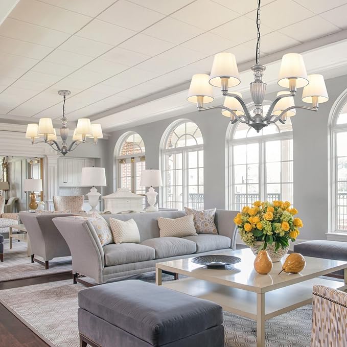 WJShome 29" Farmhouse Chandelier, 6-Light Dining Room Light Fixture/Chandelier Over Table, Rustic Vintage Kitchen Island Lighting, Modern Silver Hanging Pendant Lights for Living Room, Bedroom, Foyer