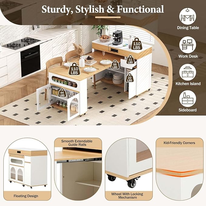 Extendable Dining Table with Rolling Kitchen Island, 54.1" Folding Top, Storage Cabinet, Drawers, Power Outlet, USB Ports, Brake Lock Wheels, 4-5 People, 110 LBS Capacity, Natural