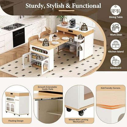 Extendable Dining Table with Rolling Kitchen Island, 54.1" Folding Top, Storage Cabinet, Drawers, Power Outlet, USB Ports, Brake Lock Wheels, 4-5 People, 110 LBS Capacity, Natural