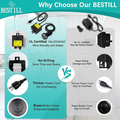Garbage Disposal Air Switch Kit, Gunmetal Gray Sink Top On/Off Push Button Waste Disposer Part by BESTILL, UL Listed