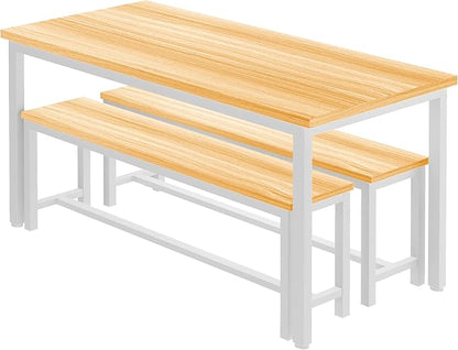 DKLGG Dining Table Set for 4, 47.2'' Kitchen Table with 2 Benches, 3 Piece Farmhouse Dining Room Table Set, Space-Saving Dinette for Kitchen, Dining Room, Apartment, Metal Frame & MDF Board